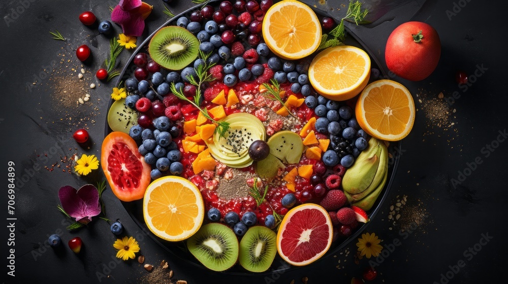 Colorful array of fresh fruits and superfoods arranged in a vibrant smoothie bowl, capturing the health and nutrition of a nutritious breakfast. Colorful array of fresh fruits and superfoods arranged in a vibrant smoothie bowl, capturing the health and nutrition of a nutritious breakfast.