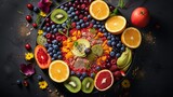 Colorful array of fresh fruits and superfoods arranged in a vibrant smoothie bowl, capturing the health and nutrition of a nutritious breakfast.