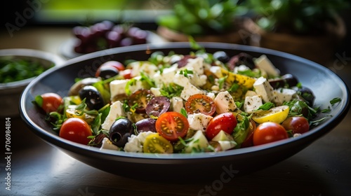 Close-up of a colorful Mediterranean salad with olives, feta, and cherry tomatoes, showcasing the flavors and health benefits of a Mediterranean diet.