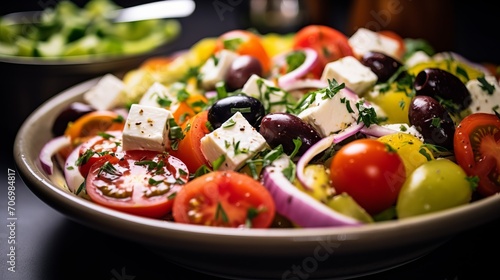 Close-up of a colorful Mediterranean salad with olives, feta, and cherry tomatoes, showcasing the flavors and health benefits of a Mediterranean diet.