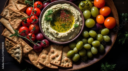 Close-up of a Mediterranean-inspired platter with hummus, olives, and whole-grain crackers, capturing the freshness and heart-healthy nature of Mediterranean cuisine.