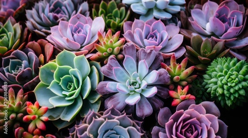  Close-up of a diverse collection of succulents in a stylish container garden, capturing the trendy and low-maintenance appeal of succulent gardening. © Sladjana