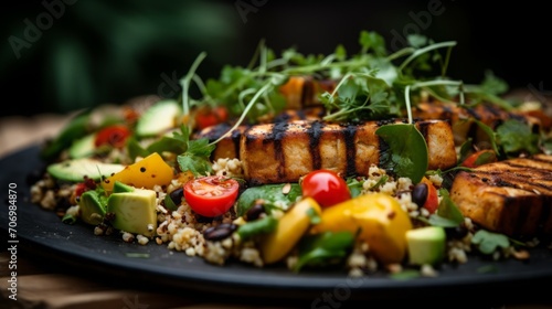 Close-up of a nutrient-rich salad with grilled tofu  quinoa  and mixed greens  emphasizing the balance of flavors and health benefits