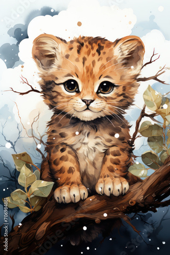 Cute baby leopard cartoon in watercolor style. AI Generative