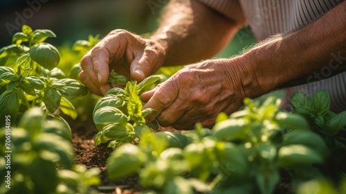 Close-up of hands harvesting aromatic herbs, like basil and mint, in a kitchen garden, capturing the sensory delight of herb gardening. photo
