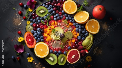 Colorful array of fresh fruits and superfoods arranged in a vibrant smoothie bowl, capturing the health and nutrition of a nutritious breakfast.