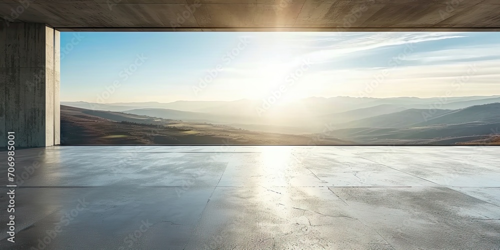 Fototapeta premium Expansive horizon. Captivating square composition of sunset sky empty stone road and modern cityscape embracing beauty of nature and urban architecture