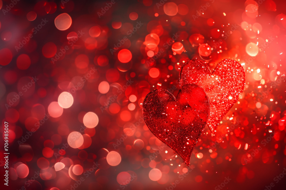 Red hearts with glowing bokeh lights. Valentines Day background