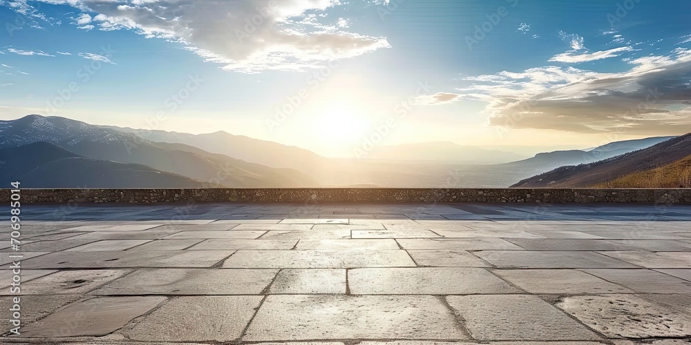 Expansive horizon. Captivating square composition of sunset sky empty stone road and modern cityscape embracing beauty of nature and urban architecture