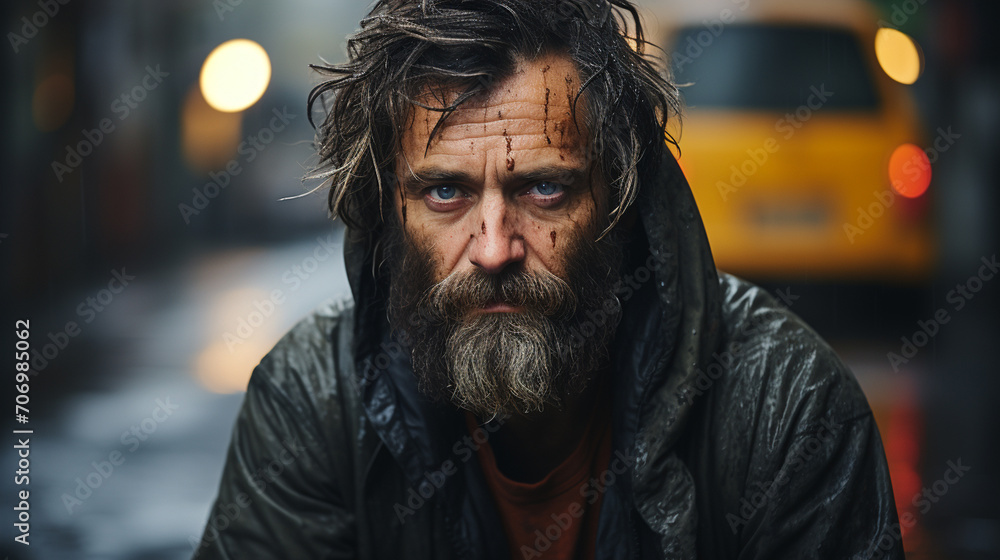 Fototapeta premium Portrait of an old poor homeless man outside in the cold