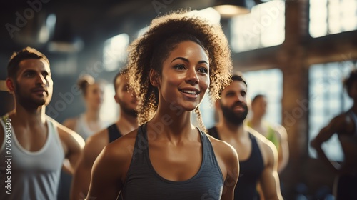  Group of diverse individuals engaging in a HIIT session in an urban fitness studio, capturing the intensity and community spirit of group workouts.