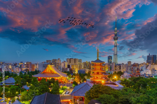 View of Tokyo Skytree beside Sensoji Temple, at Dusk in Japan.