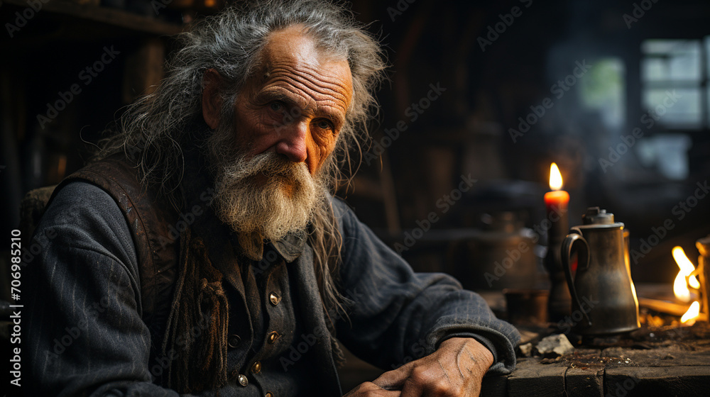 Obraz premium Solitude of Struggle: Old, Hungry, Poor Homeless Man in His Shelter