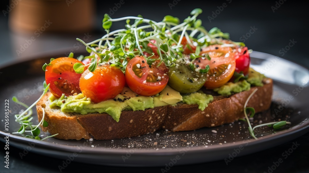 Stylishly presented avocado toast topped with cherry tomatoes and microgreens, capturing the trendy and nutritious appeal of this popular dish.