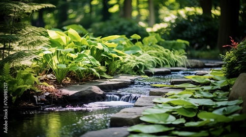 Tranquil scene of a water feature surrounded by lush greenery  showcasing the soothing and elegant aspects of water gardening.
