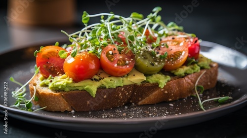 Stylishly presented avocado toast topped with cherry tomatoes and microgreens, capturing the trendy and nutritious appeal of this popular dish.