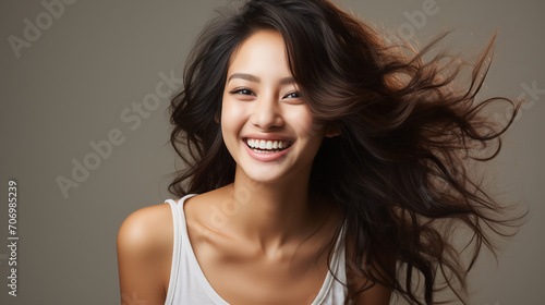Wallpaper Mural Portrait of beautiful young asian woman with flying hair on gray background Torontodigital.ca