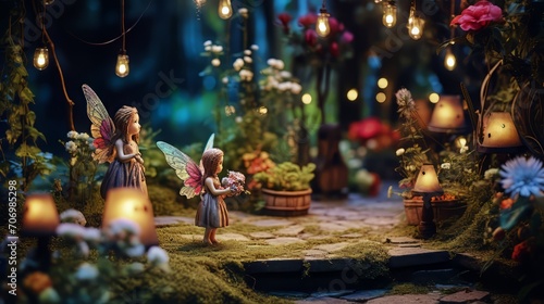 
Whimsical garden with fairy lights, fairy statues, and colorful flowers, Sony A7S III, 50mm f/1.4 lens, illustrating the enchanting and magical side of gardening. photo