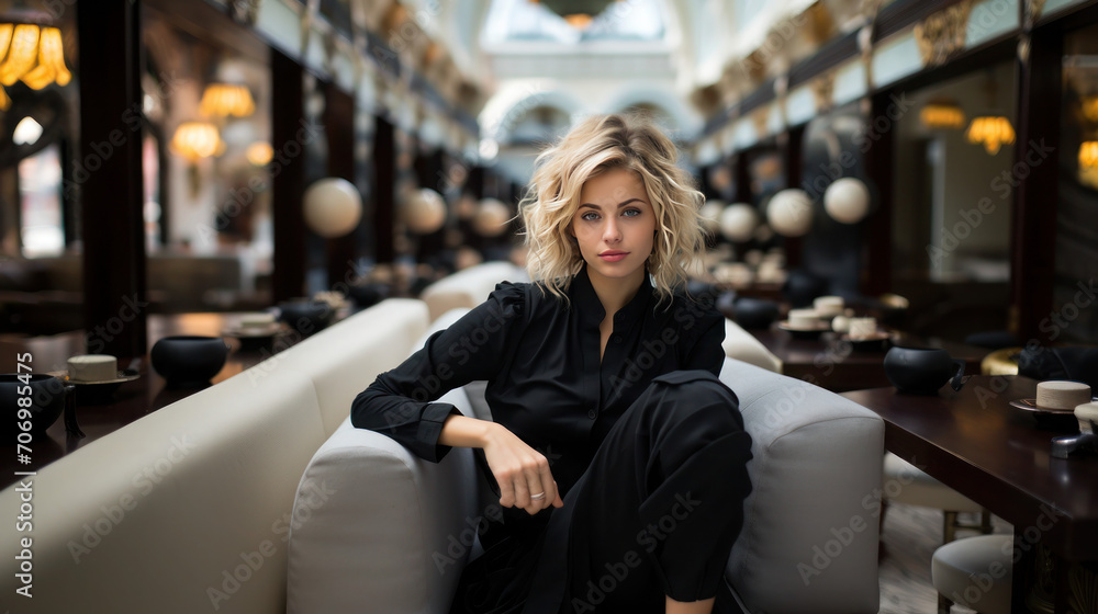 A blonde woman dressed in black in a cafe A blonde woman dressed in black in a cafe