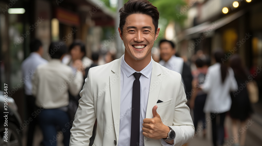 Portrait of young asian businessman standing in the street with his team. Portrait of young asian businessman standing in the street with his team.