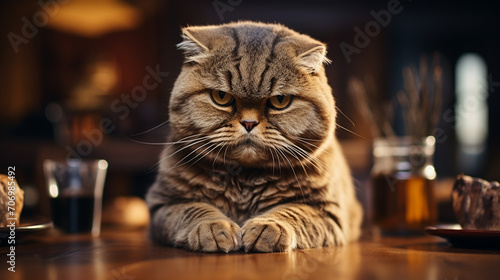 A disgruntled cat sitting at a table like a human