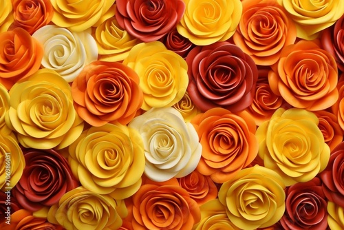 Flower pattern with vibrant roses in yellow  orange  and red hues. 3D depicted. Generative AI