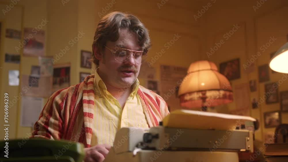 Retro style novel writer in robe. he comes up with and writes his poem ...
