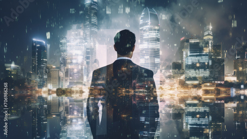 double exposure photography of business man and the beautiful night city