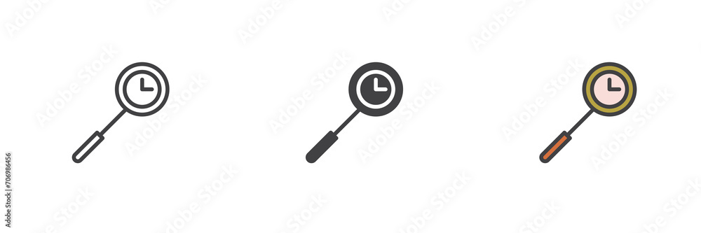 Magnifying glass and clock different style icon set Magnifying glass and clock different style icon set