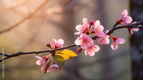 A close-up of a sakura or Cherry Blossom with veins and spots  detaching from a branch with other green and yellow leaves  against a blurred background of a forest in autumn  nature photography