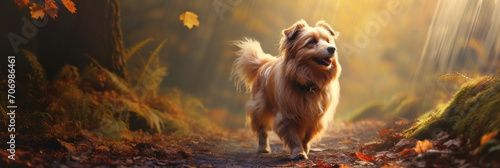 realistic dog with bushy tail and black ears, walking on a dirt path through a forest with tall trees and colorful leaves, with rays of sunlight and mist creating magical atmosphere photo