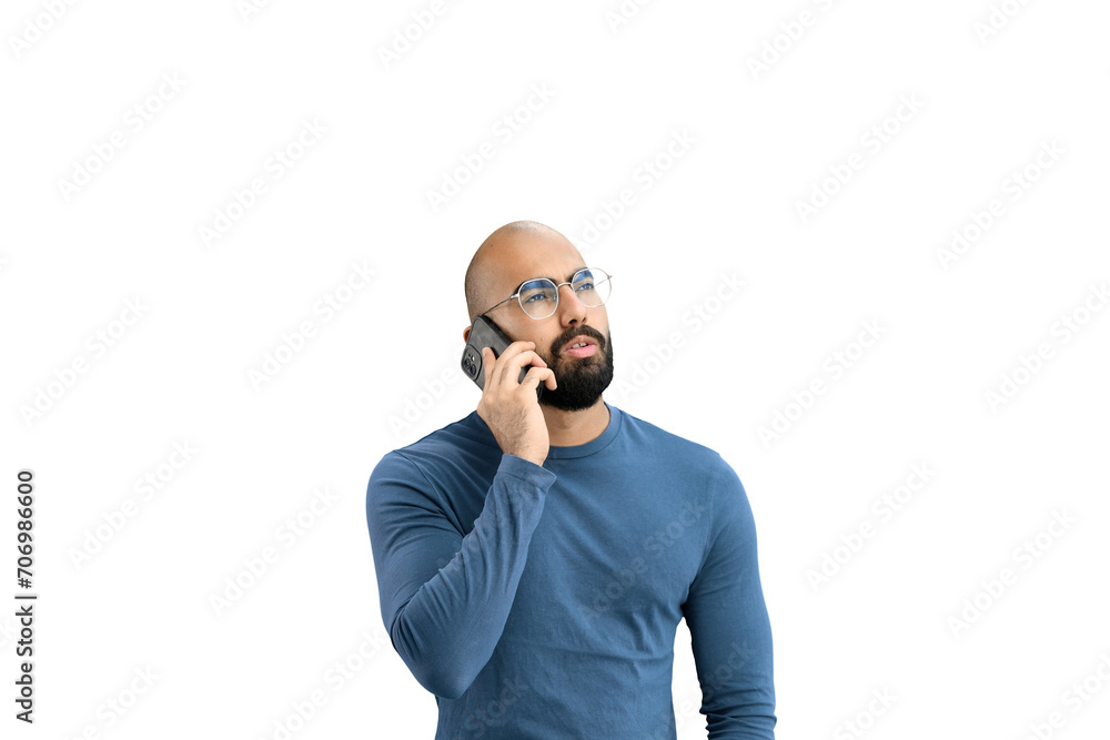 Man, on a white background, close-up, with a phone Man, on a white background, close-up, with a phone