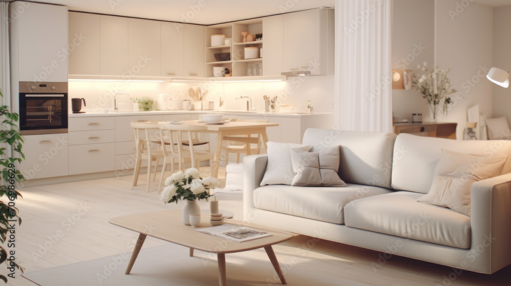 Fototapeta premium interior design spacious bright studio apartment in Scandinavian style and warm pastel white and beige colors. trendy furniture in the living area and modern details in the kitchen area