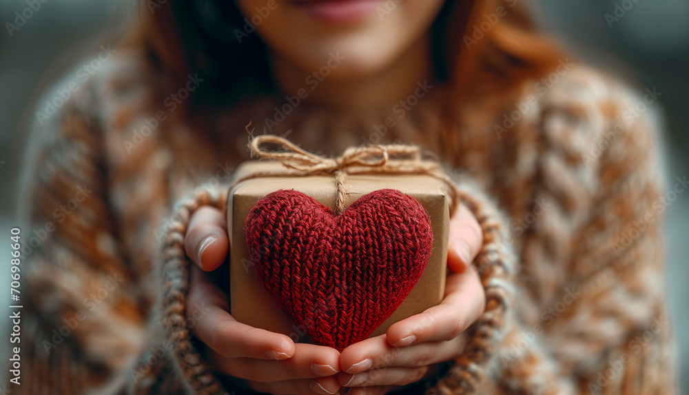 Close up hands holding a gift box with knitted heart. Concept of Valentine's Day, Love, Relationships, Romantic, Celebration Close up hands holding a gift box with knitted heart. Concept of Valentine's Day, Love, Relationships, Romantic, Celebration