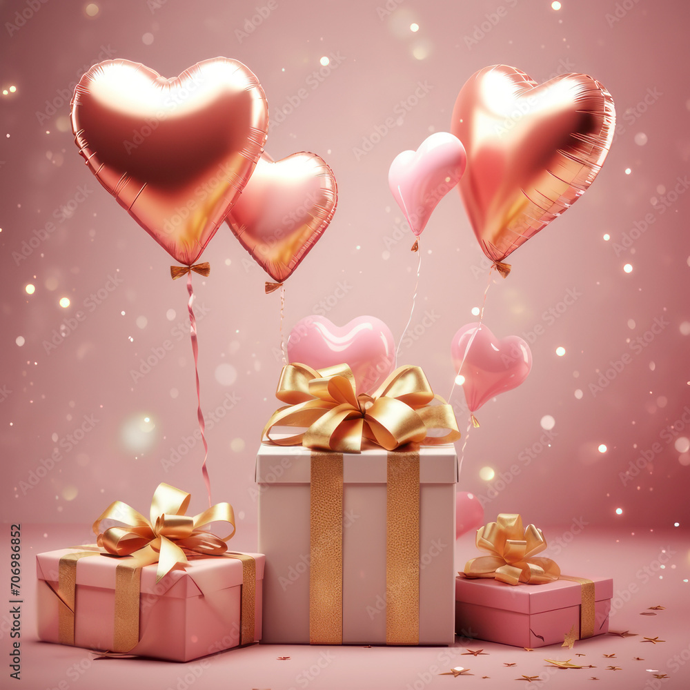Romantic creative composition. Happy Valentine's Realistic 3d festive decorative objects, heart shaped balloons symbol, falling gift box, glitter Romantic creative composition. Happy Valentine's Realistic 3d festive decorative objects, heart shaped balloons symbol, falling gift box, glitter
