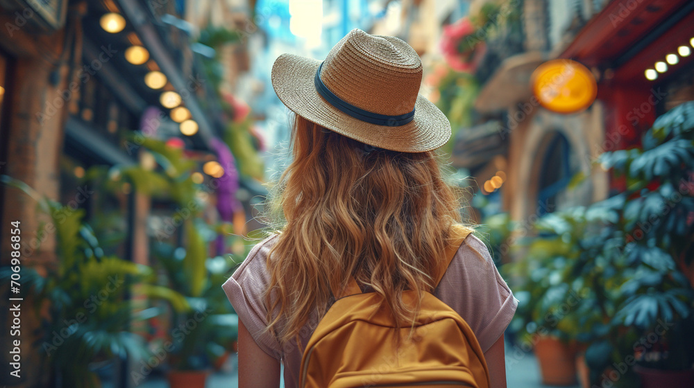 A vibrant urban scene with a lovely woman donning a fashionable hat, walking down a bustling city street lined with colorful storefronts and modern architecture.