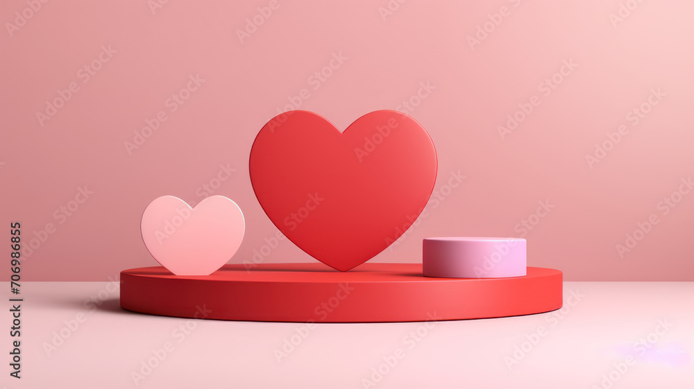 valentine background with pink, coral red realistic cylinder stand podium. Heart shape backdrop valentine background with pink, coral red realistic cylinder stand podium. Heart shape backdrop