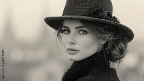 An enchanting black and white photograph capturing a woman with a classic, timeless hat, standing against the backdrop of a historic cityscape, exuding elegance and refined charm. © Наталья Евтехова