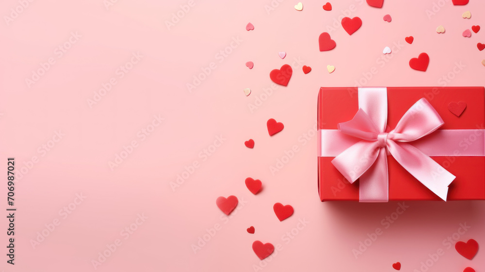Top view photo of trendy gift boxes with ribbon bows and red rose on isolated pastel color background Top view photo of trendy gift boxes with ribbon bows and red rose on isolated pastel color background