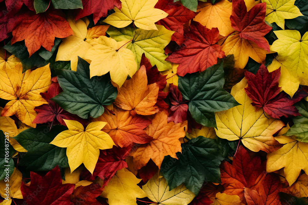 Autumn leaves background with red, yellow, and green colors