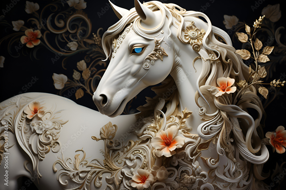 The beautiful white horse decorated with flowers and ornaments