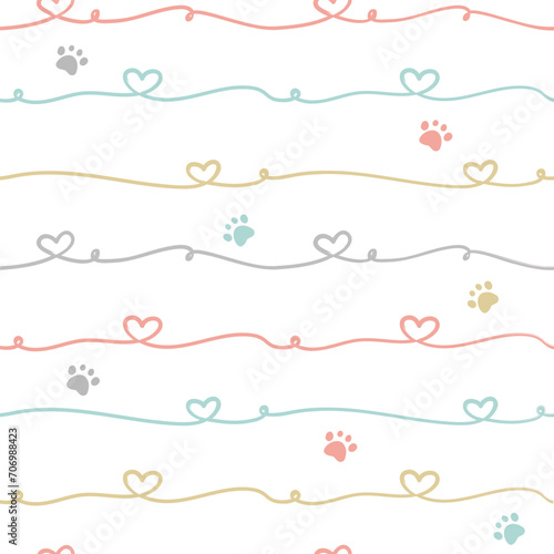 Cute Hand drawn seamless pattern with heart line and pawprint. cute pet dog or cat background. Cute design for greeting card, scrapbooking, paper goods, background, textile, wrapping, fabric and more. © LindaAyu