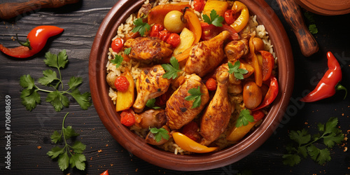 chicken with vegetables,Chicken tagine with green olives and candied lemon ,Moroccan couscous with vegetables in a tagine pot,Traditional moroccan tajine of chicken with salted lemons olives