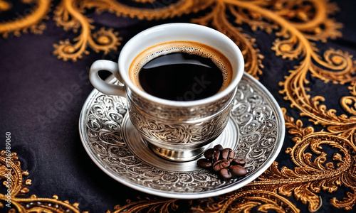 Elegant Coffee Break: Traditional Cup with Ornate Silver Design photo