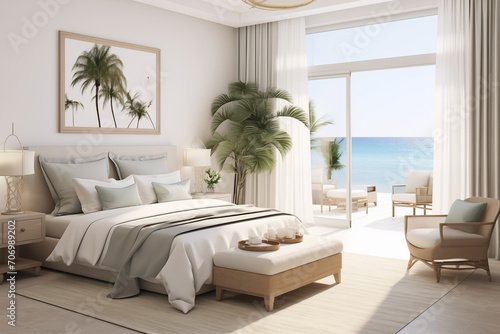 The bedroom design has an orange background with a spacious room and a view of the beach outside the window. Modern minimalist bedroom interior design. The room decoration is aesthetically luxurious a © kingengine