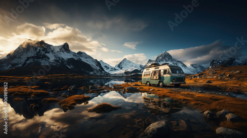 Landscape of campsite in front of mountains