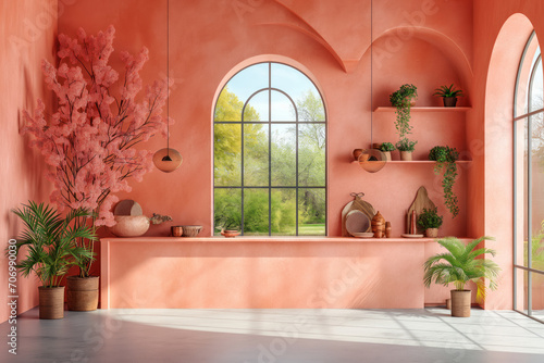 Kitchen with large window in peach fuzz shades of colors in frontal perspective