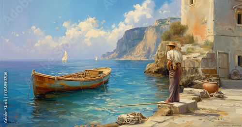A mesmerizing sea landscape depicted in oil paintings, featuring fishermen, ships, and boats, capturing the essence of maritime life with artistic flair.