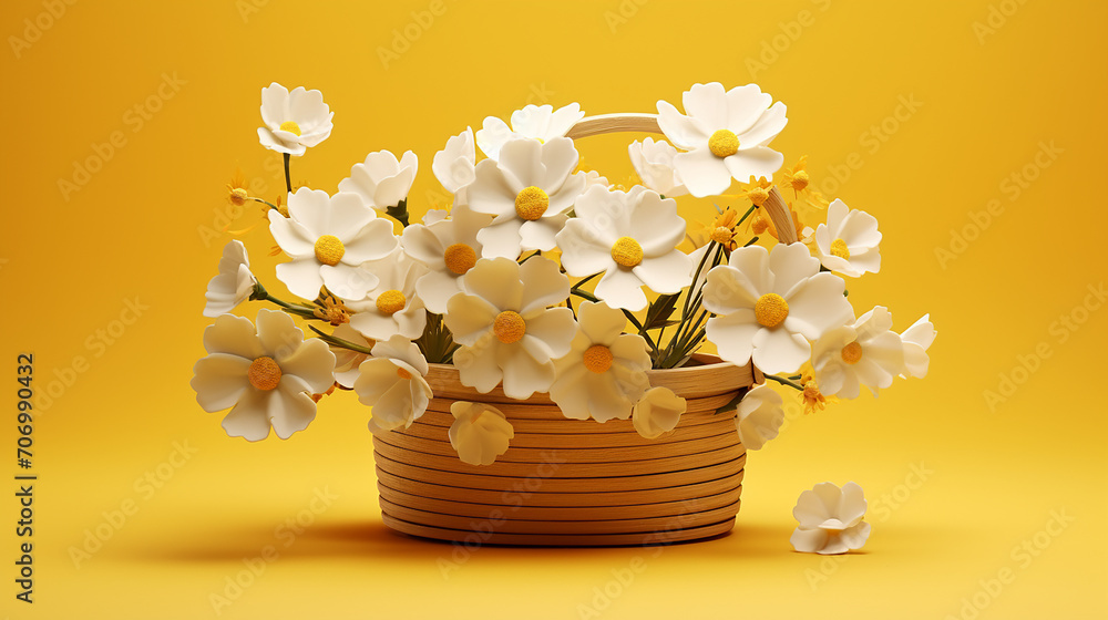 White flowers blossom in wooden basket on yellow spring background illustration