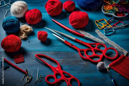 Red scissors, cotton yarn balls, crochet hook and granny squares on a blue desk